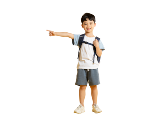 Asian kid A young student is pointing with a backpack on PNG