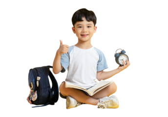 Asian kid A young boy sitting on the floor with an open book, showing a thumbs-up and holding a clock in PNG