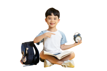 Asian kid A young student happily pointing at a clock while sitting with a backpack and a book on PNG