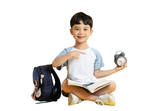 Asian kid A young student happily pointing at a clock while sitting with a backpack and a book on PNG - Powered by Adobe