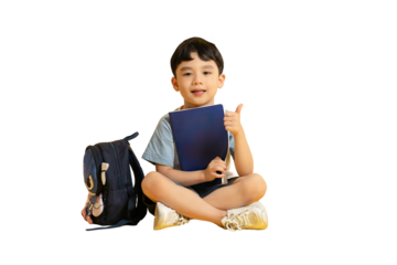 Asian kid A young boy sitting, holding a book and giving a thumbs-up, next to his school bag on PNG