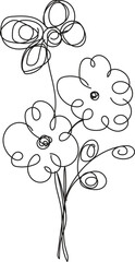 Abstract hand drawn whimsical floral arrangement with swirling stems and petals in black ink