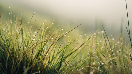 Obraz premium Close - up of Green Grass Blades with Glistening Dew Drops