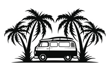 Black Camper Van between Palm Trees, Retro Style, Monochrome Vector, White Background