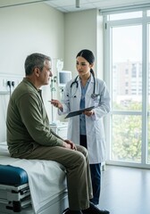 Doctor nurse and patient support and discussion at hospital for consulting, assistance discussion and doing meeting home