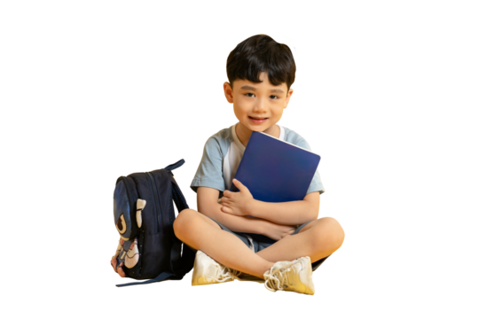 Asian kid A cute child sitting cross-legged, holding a book and smiling with a backpack on PNG