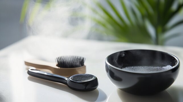 Blackhead remover tool positioned next to a small bowl of warm water and a face mask brush with steam rising subtly in the background The scene suggests a thorough skincare preparation