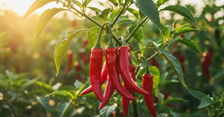 Vibrant red chili peppers growing on a plant in a lush field during golden hour, showcasing fresh organic produce.