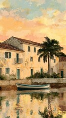 Obraz premium A tranquil scene of pastel-hued buildings lining a waterway at sunset, showcasing a small boat reflecting the warm colors of the sky.