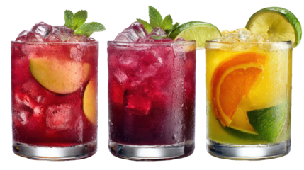 A set of three colorful non-alcoholic drinks with ice and garnish, transparent background