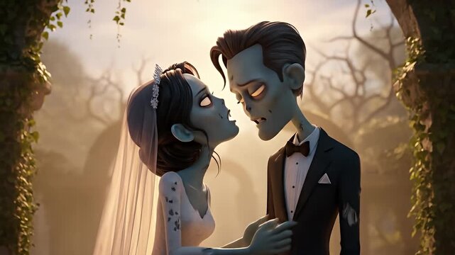 Animated zombie couple in wedding attire sharing a romantic moment in a mystical forest setting