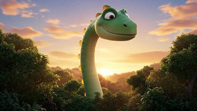 A friendly green dinosaur peeks over lush trees at sunset, creating a serene, magical atmosphere