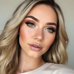 Beautiful Woman with Blonde Wavy Hair and Perfect Makeup Portrait