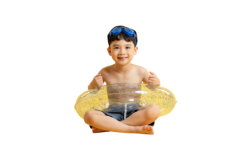 Asian kid A young boy joyfully sitting on an inflatable ring. He is wearing swim goggles on PNG