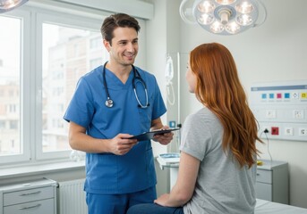 Doctor nurse and patient support and discussion at hospital for consulting, assistance discussion and doing meeting home