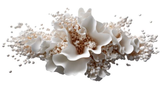 Abstract Floral Arrangement: An elegant abstract composition showcases a delicate cluster of pristine white floral elements, contrasted against a backdrop of tiny spherical structures.
