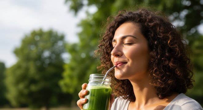Woman enjoying a refreshing green smoothie outdoors on a sunny day - Powered by Adobe