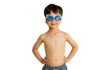 Asian kid A cheerful child wearing swimming goggles and standing with his hands on his hips on PNG