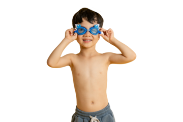 Asian kid A young boy wearing swim goggles with a smiling face, ready for a fun day at the pool. The image captures the essence of joy, play, and the carefree spirit of childhood on PNG
