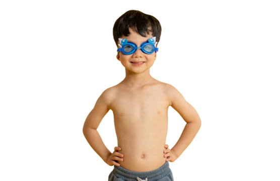 Asian kid A cheerful child wearing swimming goggles and standing with his hands on his hips on PNG