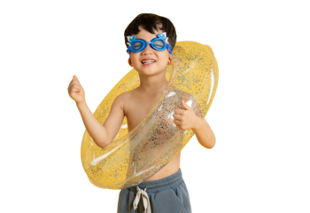 Asian kid A cheerful young boy ready for swimming, wearing goggles and holding a float on PNG