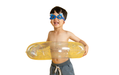Asian kid A cheerful young boy in swim goggles holding an inflatable ring with a big smile on PNG