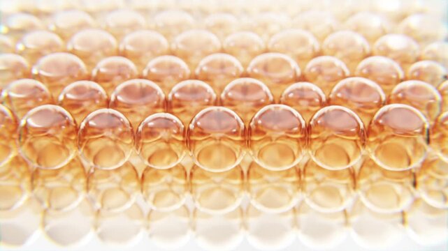 Futuristic cosmetic science animation showing a golden molecular capsule surrounded by collagen structure. Ideal for skincare ads, serums, and advanced dermatology concepts.