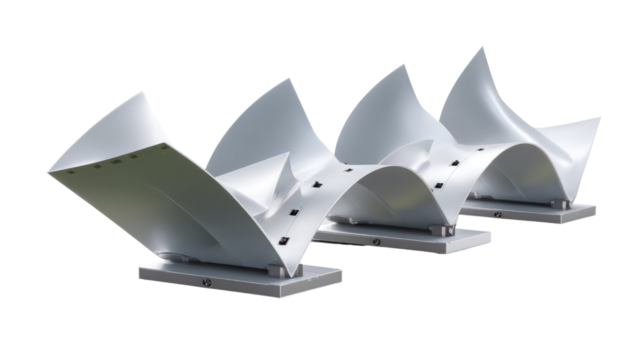 Abstract Architectural Form: A close-up view of a modern architectural structure with a wave-like design, showing the interplay of light and shadow on its sleek, metallic surface.