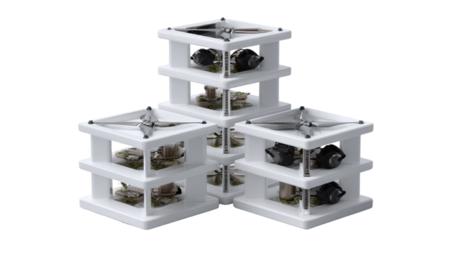 Architectural Harmony: A striking display of precisely aligned, modern, white cubic structures, forming a visually captivating design.