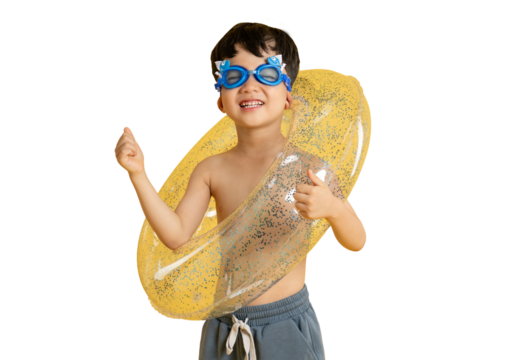 Asian kid A cheerful young boy ready for swimming, wearing goggles and holding a float on PNG
