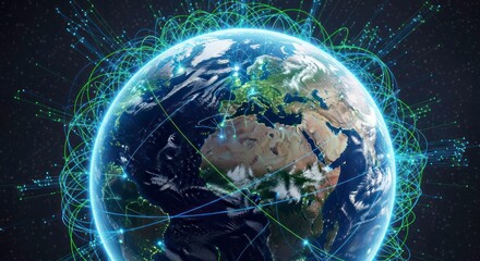 Global Network Connections: Earth Illuminated by Digital Data Streams and Interconnected Lights