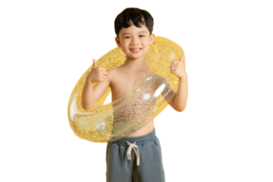 Asian kid A young boy with a swim ring giving a thumbs-up while smiling and wearing a swimsuit on PNG