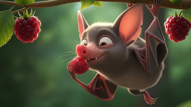 Playful cartoon bat hanging from a branch, enjoying a raspberry in a vibrant forest setting