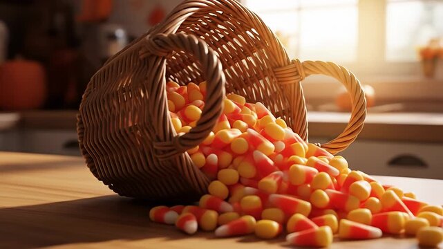 A woven basket overflowing with colorful candy corn on a wooden kitchen table, bathed in warm sunlight
