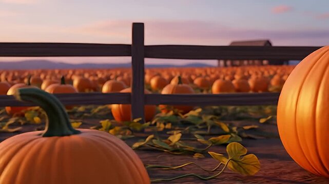 A cheerful, glowing pumpkin with a smiling face in a vibrant pumpkin patch at sunset