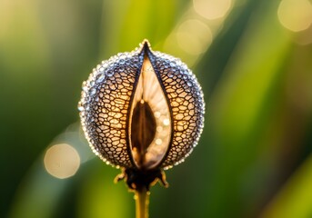 Dew Drops on Porous Seed Pod