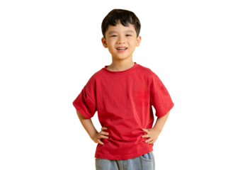 A cheerful young Asian boy in a red shirt, hands on hips and a big smile on his face.  He radiates happiness and a playful attitude. on PNG