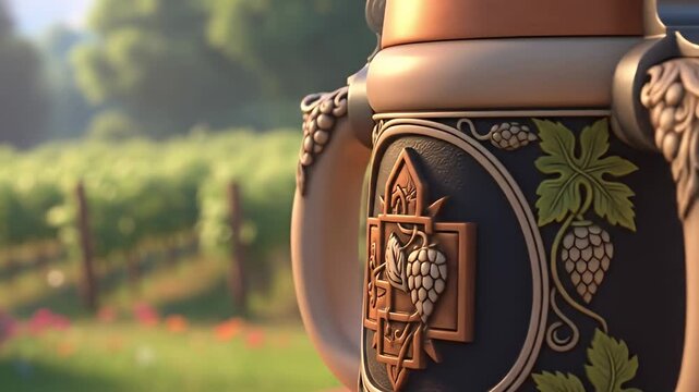 Detailed view of a decorative beer stein amidst a lush vineyard setting with blooming flowers