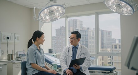 Doctor nurse and patient support and discussion at hospital for consulting, assistance discussion and doing meeting home