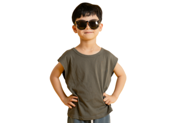Asian Cool young boy wearing sunglasses with a confident pose, arms on hips, in a studio setting on PNG