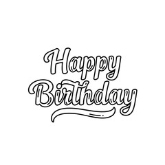 Black and white illustration of the words "Happy Birthday" in a stylized, outlined font.