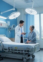 Doctor nurse and patient support and discussion at hospital for consulting, assistance discussion and doing meeting home
