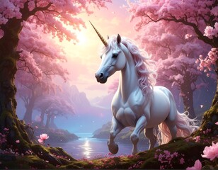 Naklejka premium Majestic unicorn in a surreal landscape of cherry blossoms and mystic river