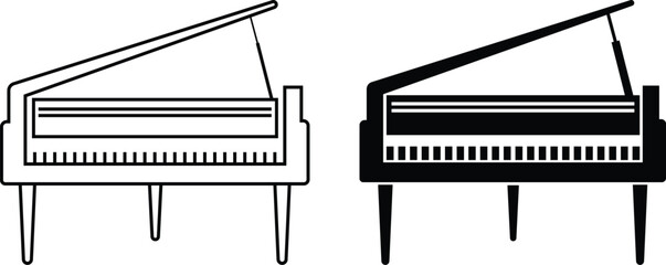 Black silhouette of upright piano icon set, isolated on transparent background. Graphic illustration. concept of musical instrument, classical music, piano recital, icon, logo, design element. © WaQar