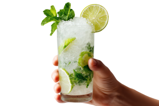 Hand gripping a tall mojito mocktail with lime wedges on transparent background