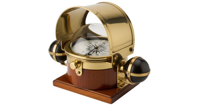 Vintage brass binnacle compass isolated on transparent background, a classic navigational instrument with intricate details and a rich, historical charm