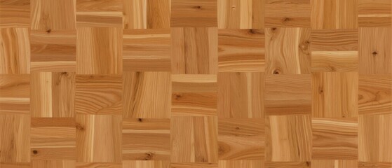 Naklejka premium A close - up view of a wooden parquet pattern composed of light brown wood planks with distinct grain textures and knots, arranged in a grid.