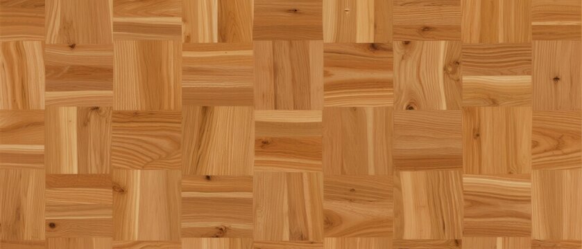 A close - up view of a wooden parquet pattern composed of light brown wood planks with distinct grain textures and knots, arranged in a grid.