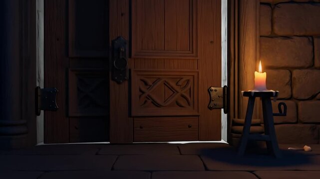 A softly lit candle on a wooden stool beside an open door, casting warm shadows in a dim hallway