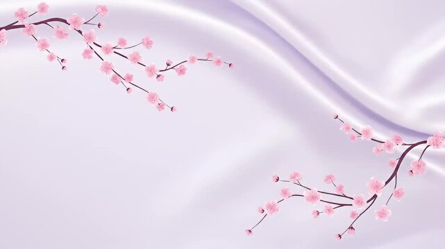 Delicate cherry blossom branches gracefully positioned on soft, flowing satin fabric background